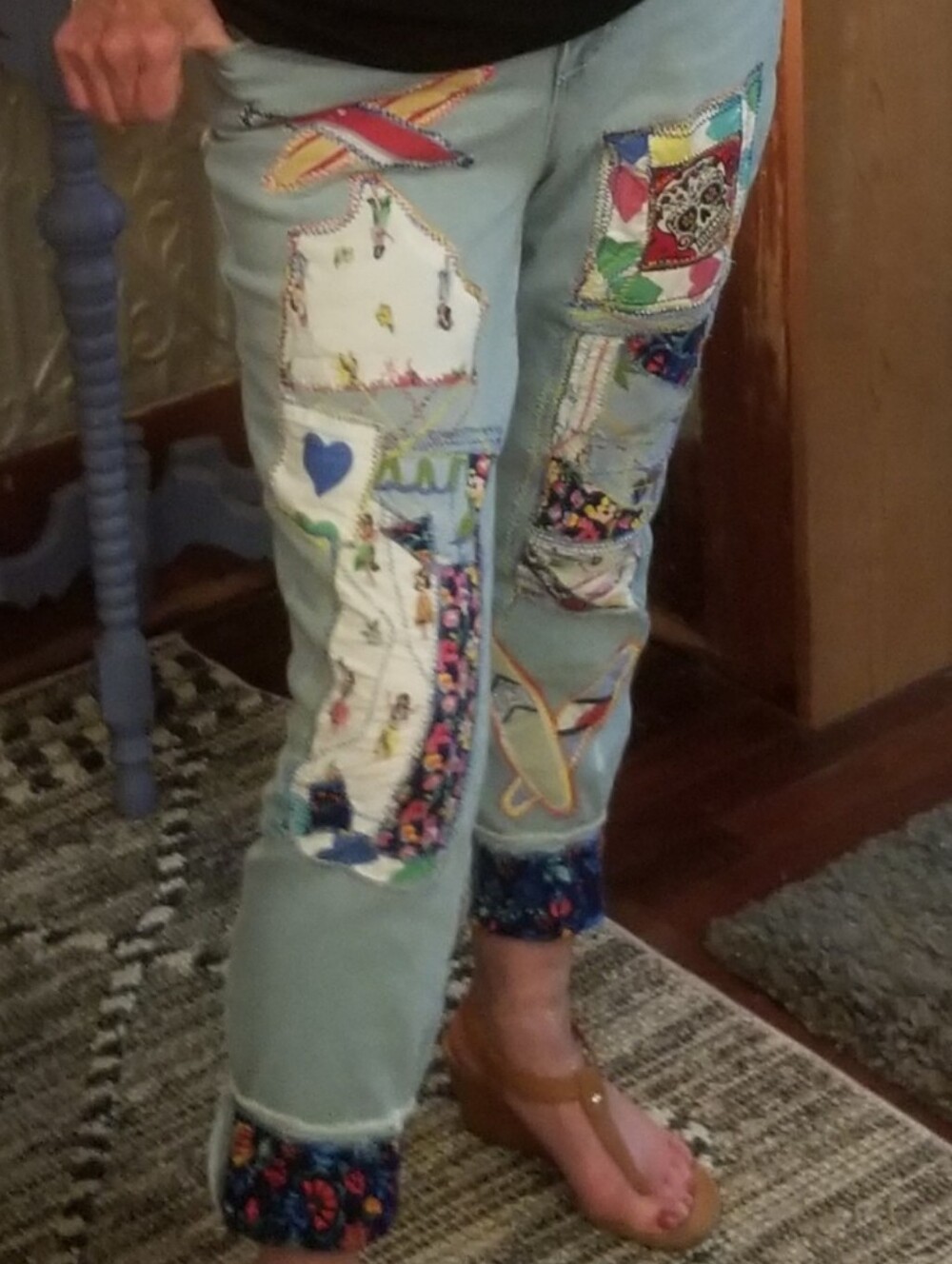 Custom Light Blue Patchwork Women’s Jeans with Multicolor Appliqués